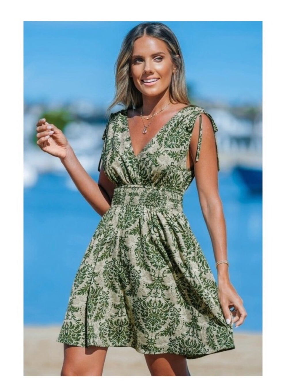 NWT Cupshe Green Damask Sleeveless Smocked Waist Mini Dress -Beach Summer-Medium